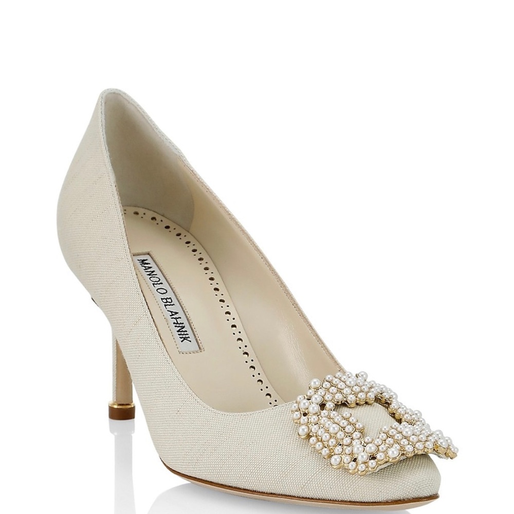 Manolo Blahnik Hangisi 70 Embellished Buckle Linen Pumps Oatmeal NIB